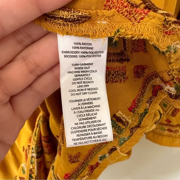 Women M Boho Long Sleeve Dress Embroidered V Neck India Mustard Gold Geometric - Picture 8 of 11